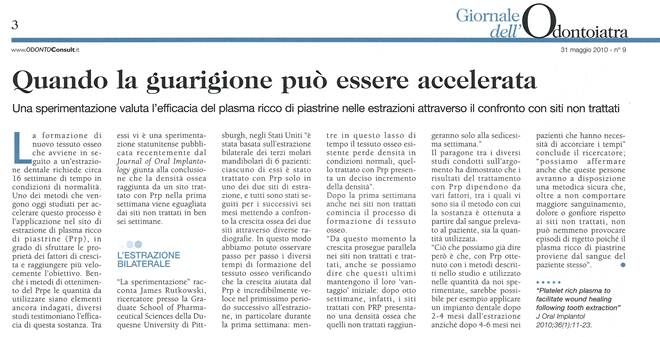 ARTICOLO SUI PROCESSI E SULLE METODICHE DI ACCELERAZIONE DELLA GUARIGIONE DOPO ESTRAZIONE DENTARIA, pubblicato sul Giornale dell’ Odontoiatra del 31.05.2010